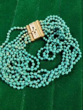 Antique 30s Art Deco Multi Strand Necklace Painted Metal Beads Ornate Box Clasp